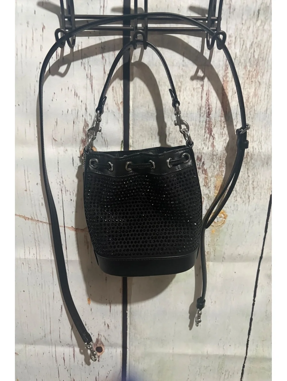 Coach Black Crystal Embellished Leather Bucket Bag with Adjustable Strap CX213